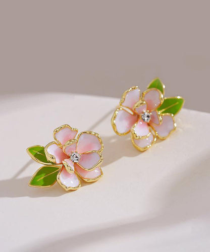 Art Pink Sterling Silver Overgild Zircon Enamel Camellia Flower Stud Earrings WP004