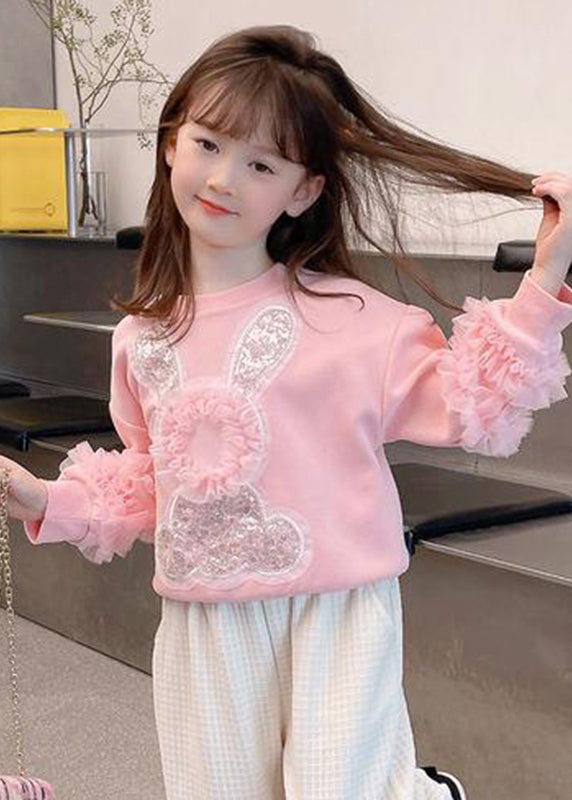 Art Pink Tulle Patchwork Little Rabbit Sequins Kids Sweatshirts Top Fall QV050