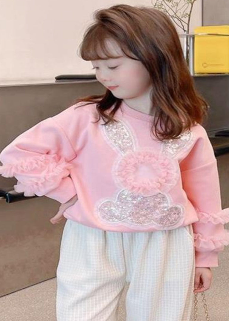 Art Pink Tulle Patchwork Little Rabbit Sequins Kids Sweatshirts Top Fall QV050