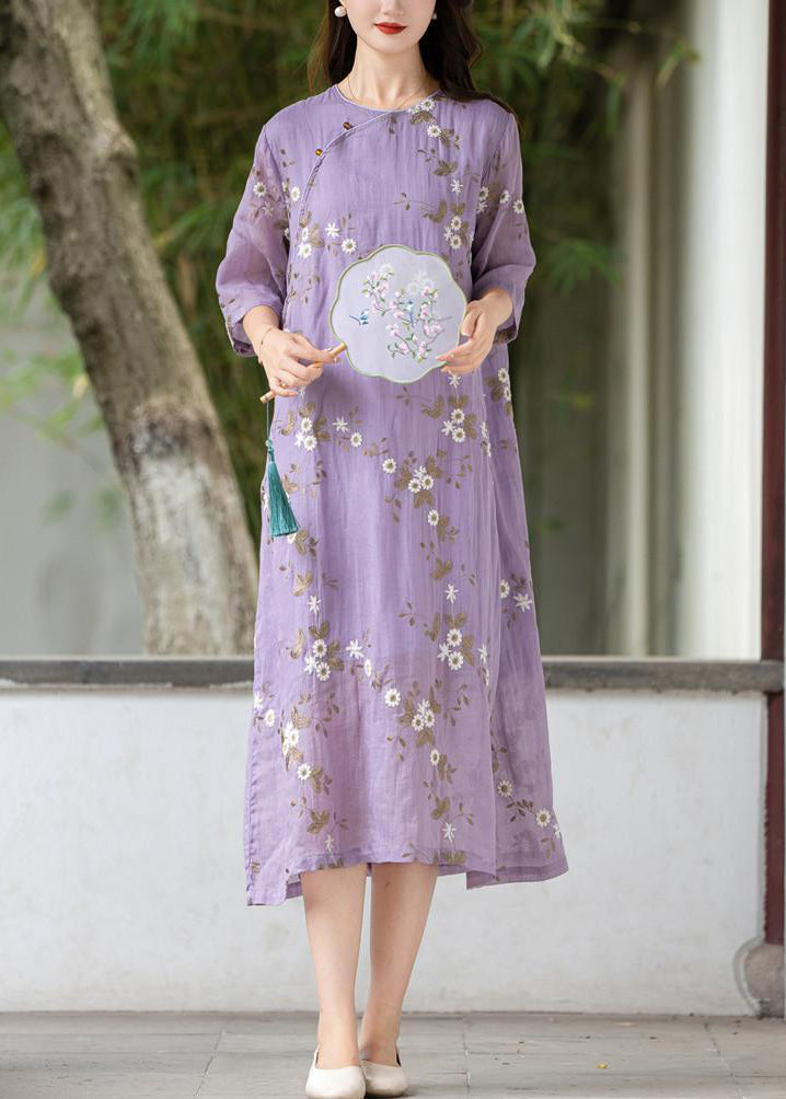 Art Purple Embroidered Button Linen Dress Summer MN078