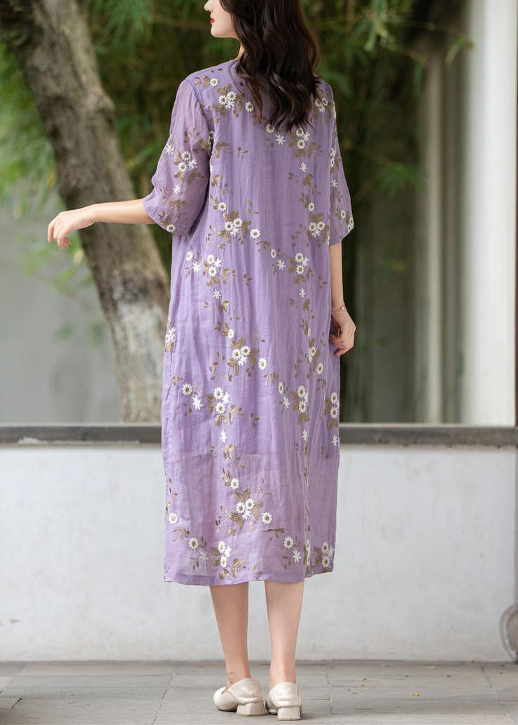 Art Purple Embroidered Button Linen Dress Summer MN078