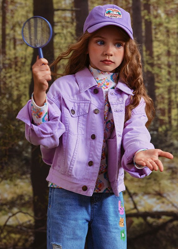 Art Purple Peter Pan Collar Patchwork Kids Coat Fall QV052