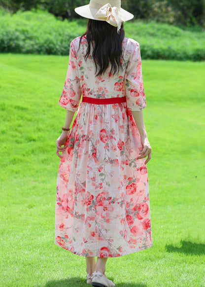 Art Red O Neck Print Lace Up Linen Dress Summer JH010