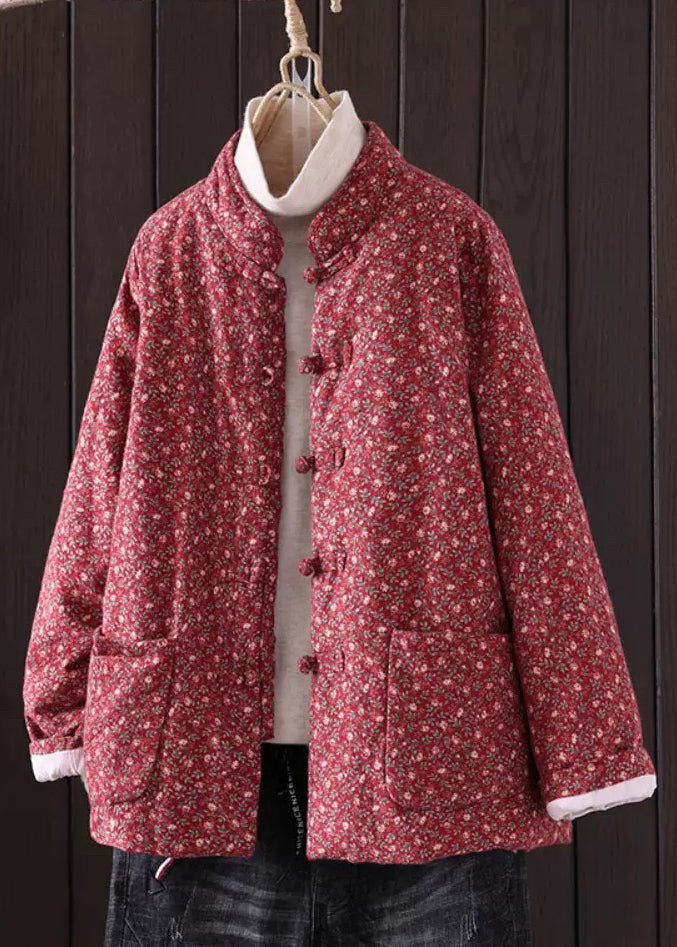 Art Red Print Button Pockets Thick Coat Winter QO035