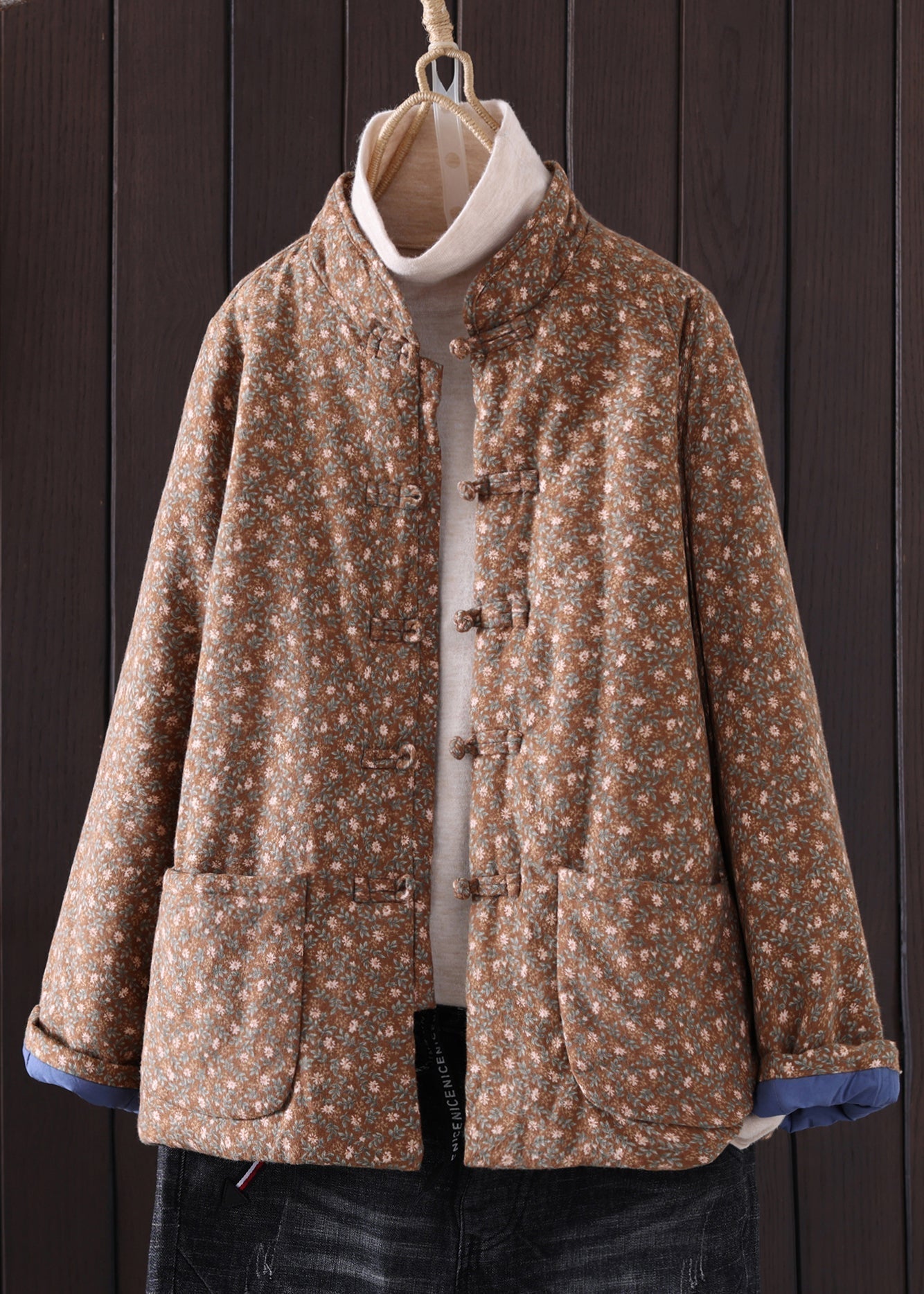 Art Red Print Button Pockets Thick Coat Winter QO035