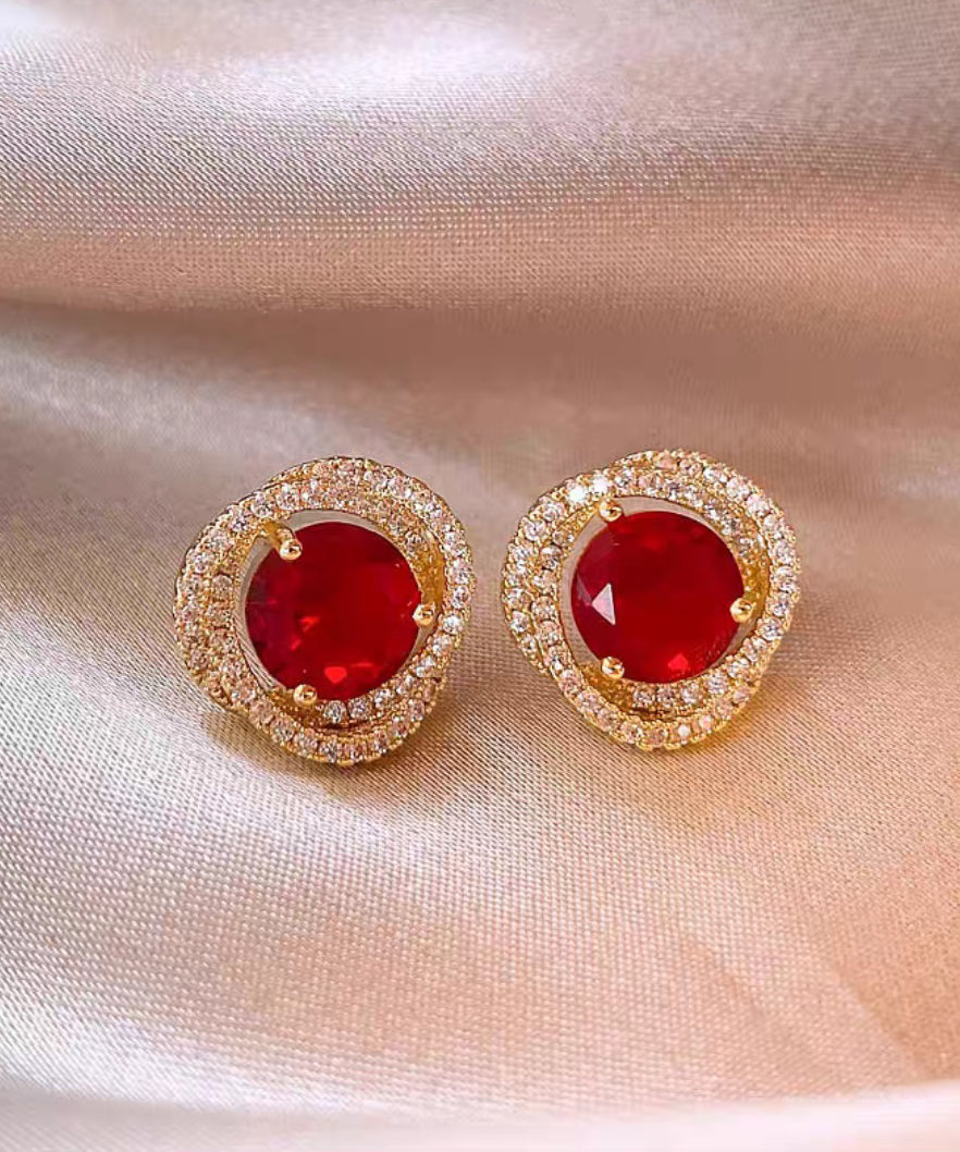 Art Red Sterling Silver Alloy Zircon Crystal Stud Earrings ET023