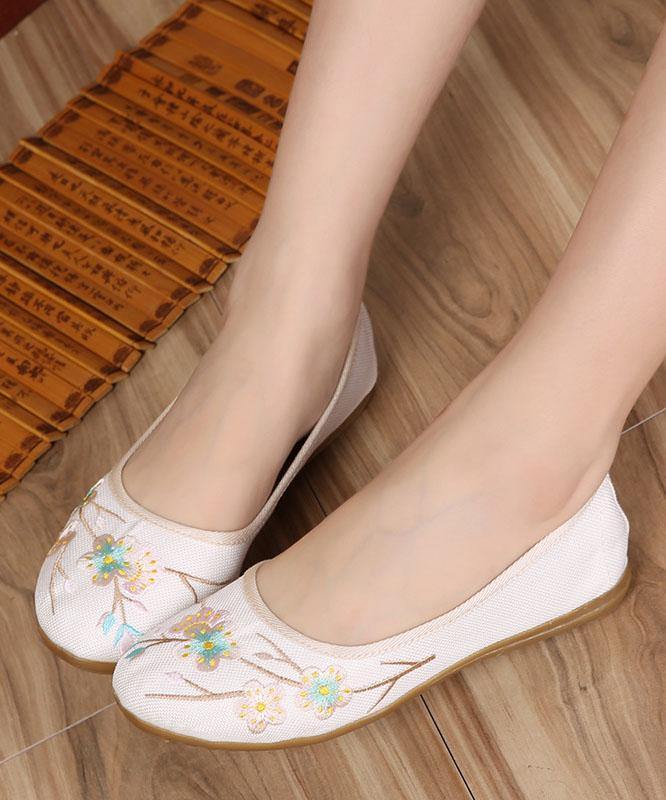 Art Splicing Flat Shoes For Women Beige Embroidered Cotton Linen Fabric RD026