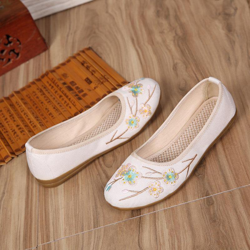 Art Splicing Flat Shoes For Women Beige Embroidered Cotton Linen Fabric RD026