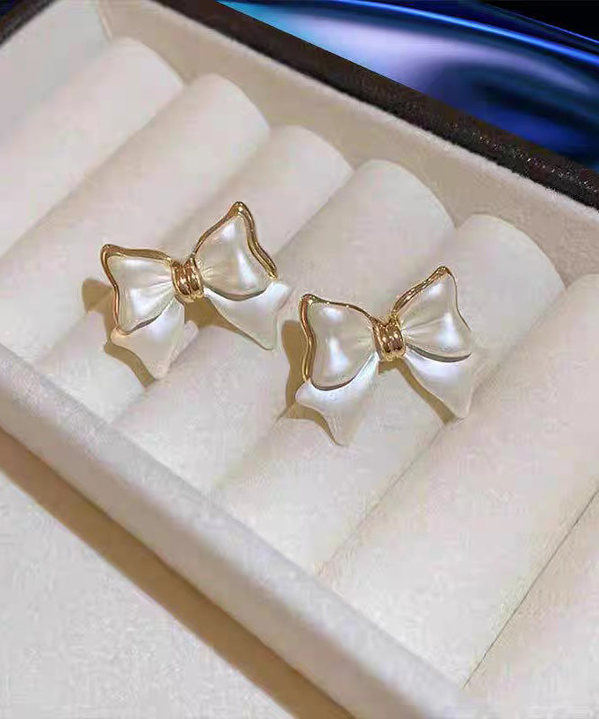 White Art Bow Earrings Copper Stud Alloy