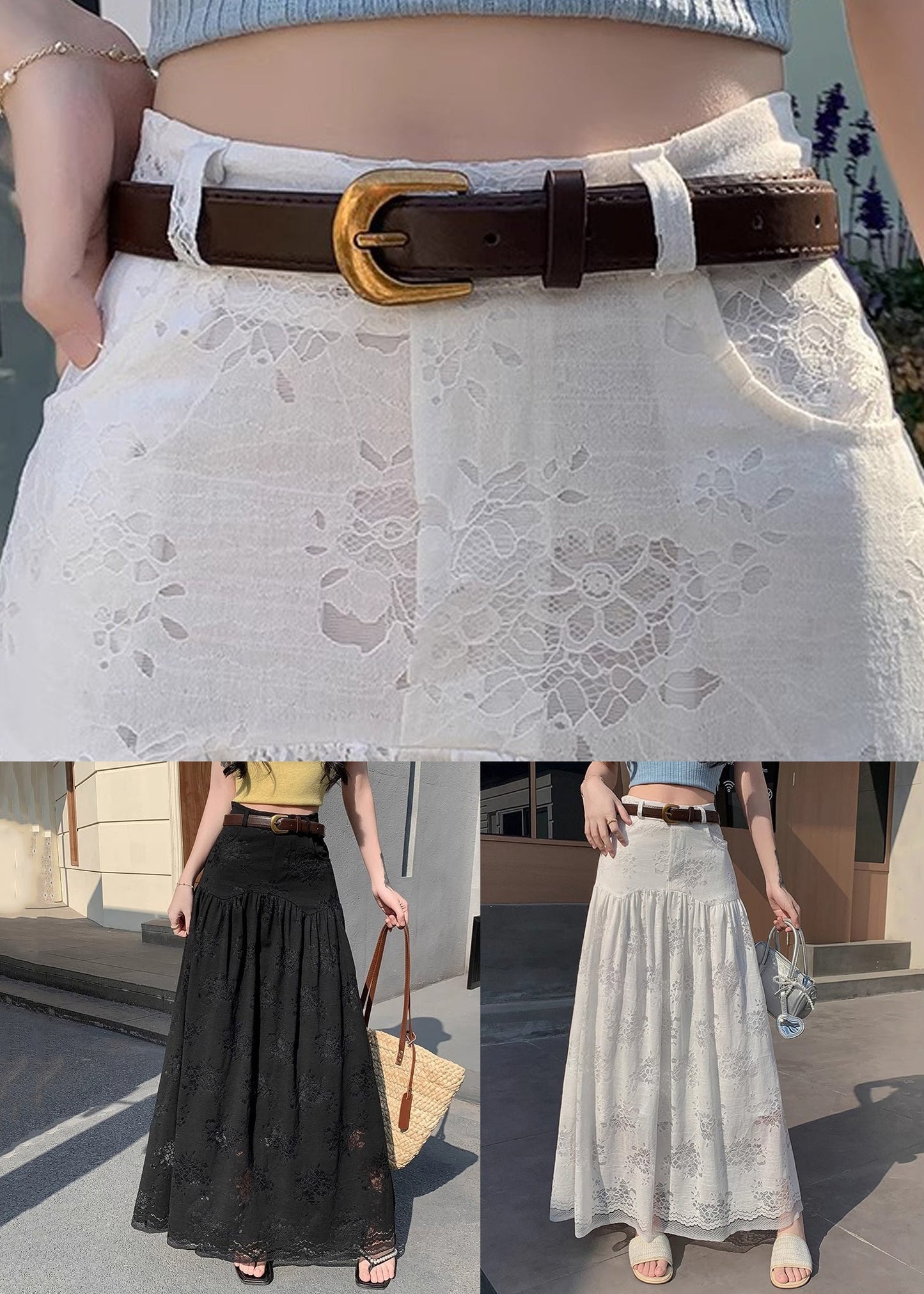Out Art Lace White Hollow Skirt Waist High Summer