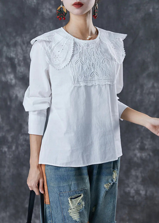 Art White O-Neck Lace Patchwork Cotton Shirt Top Fall Ada Fashion