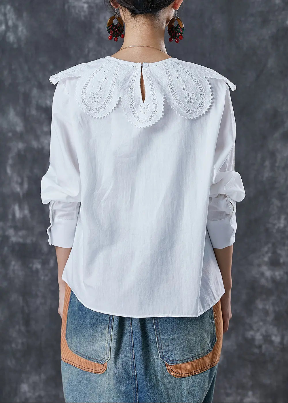 Art White O-Neck Lace Patchwork Cotton Shirt Top Fall Ada Fashion