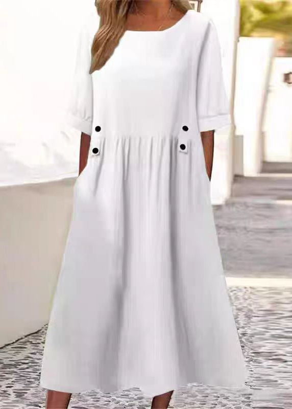 Art White O Neck Pockets Solid Cotton Long Dress Summer QA027