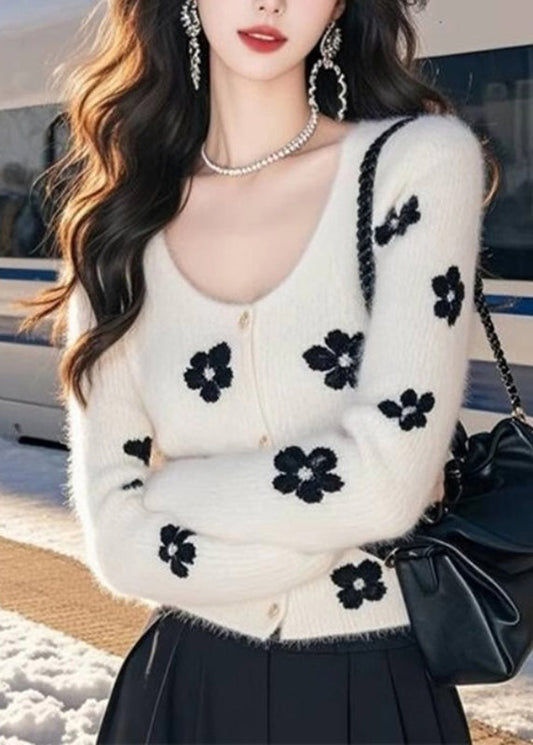 Art White O-Neck Print Cotton Knit Cardigan Spring TO032