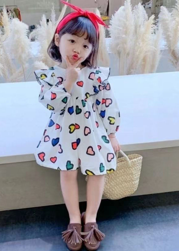 Art White O-Neck Print Girls Mid Dress Long Sleeve SS1052