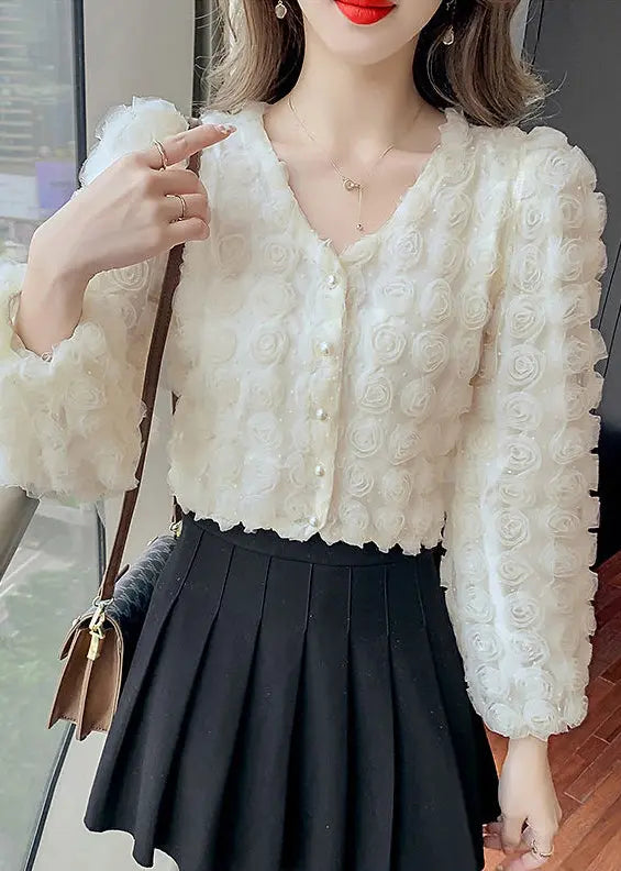 Art White Stereoscopic Floral Tulle Blouses Spring Ada Fashion
