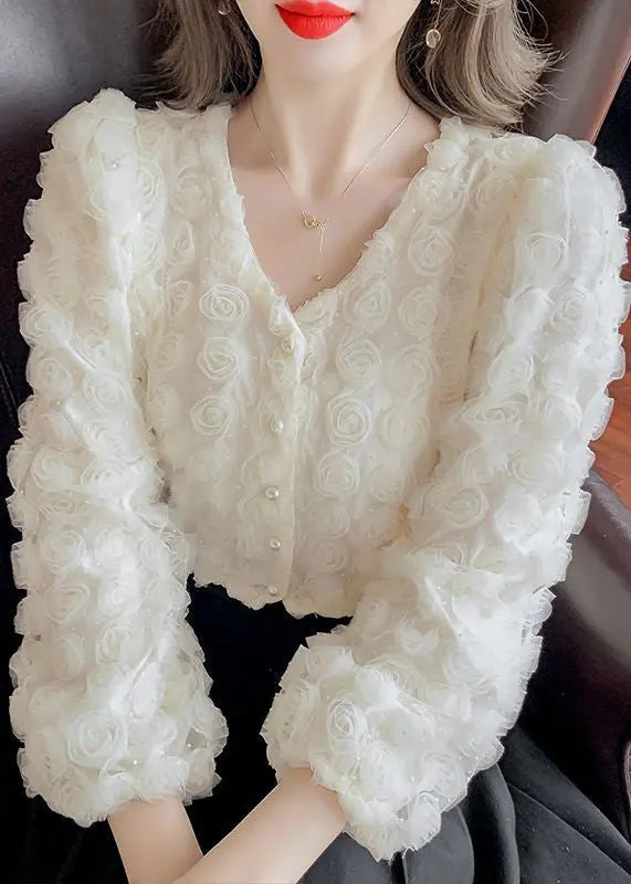 Art White Stereoscopic Floral Tulle Blouses Spring Ada Fashion