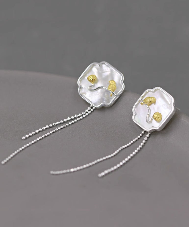 Boucles d'oreilles pendantes à pampilles en argent sterling Art White avec coquillage et petit oiseau QQ020