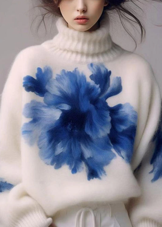 Art White Turtleneck Print Wool Knit Sweaters Winter WK023