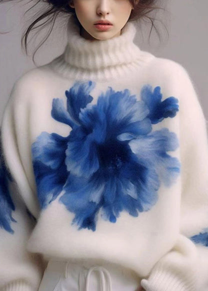 Art White Turtleneck Print Wool Knit Sweaters Winter WK023