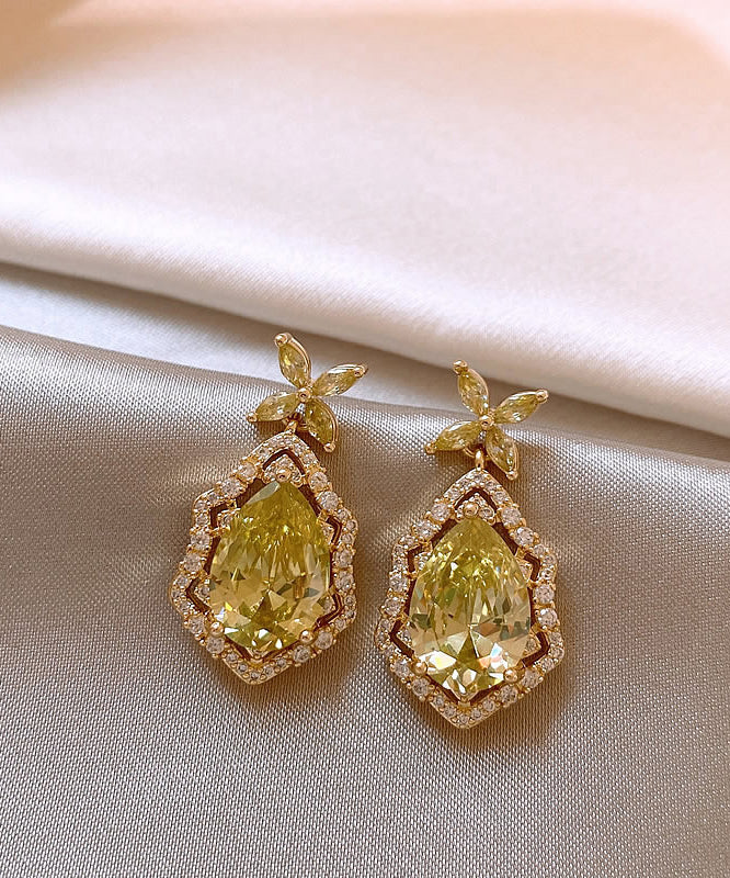 Drop Crystal Earrings Clover Leaf Copper Four Art Yellow Overgild