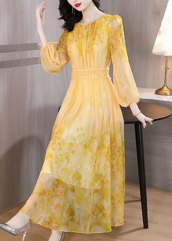 Robe longue en soie jaune à col rond et lacets pour l'été BB019