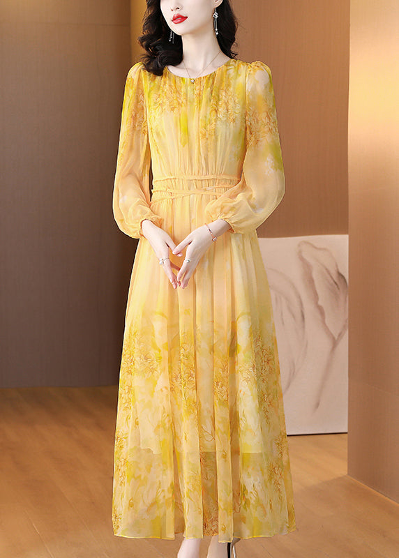 Robe longue en soie jaune à col rond et lacets pour l'été BB019