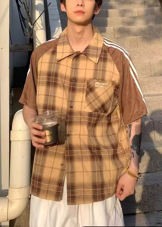 Chemise homme Art demi-coton manches à carreaux patchwork jaune