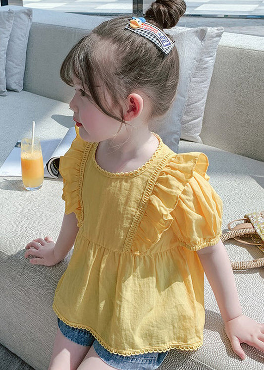 Art Yellow Ruffled Patchwork Girls Top Short Sleeve SS1017