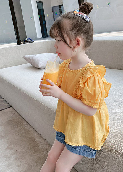 Art Yellow Ruffled Patchwork Girls Top Short Sleeve SS1017