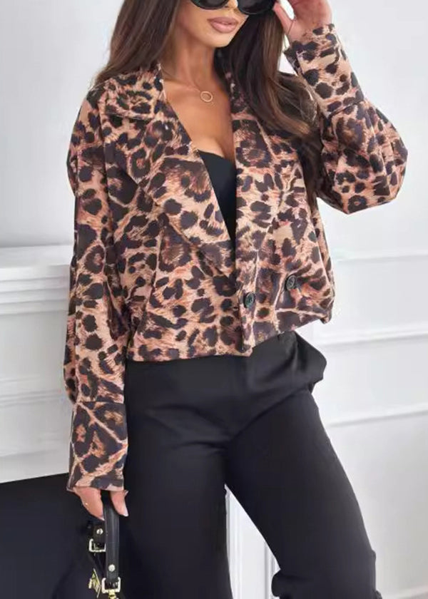 Autumn Fashion Short Coffee Leopard Print Suit Jacket QY022