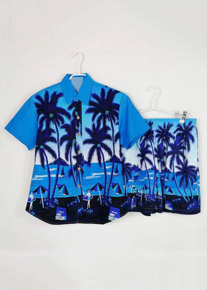 Beach Blue Button Print Shirt And Shorts Cotton Mens Two Piece Set Short Sleeve HG052