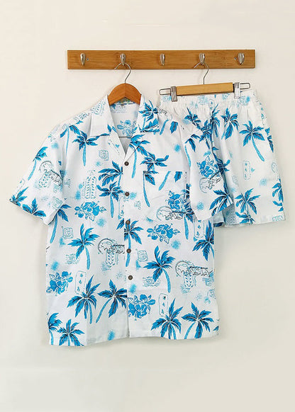 Beach Blue Button Print Shirt And Shorts Cotton Mens Two Piece Set Short Sleeve HG052