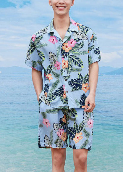 Beach Blue Peter Pan Collar Print Cotton Mens Two Piece Set Summer HG057