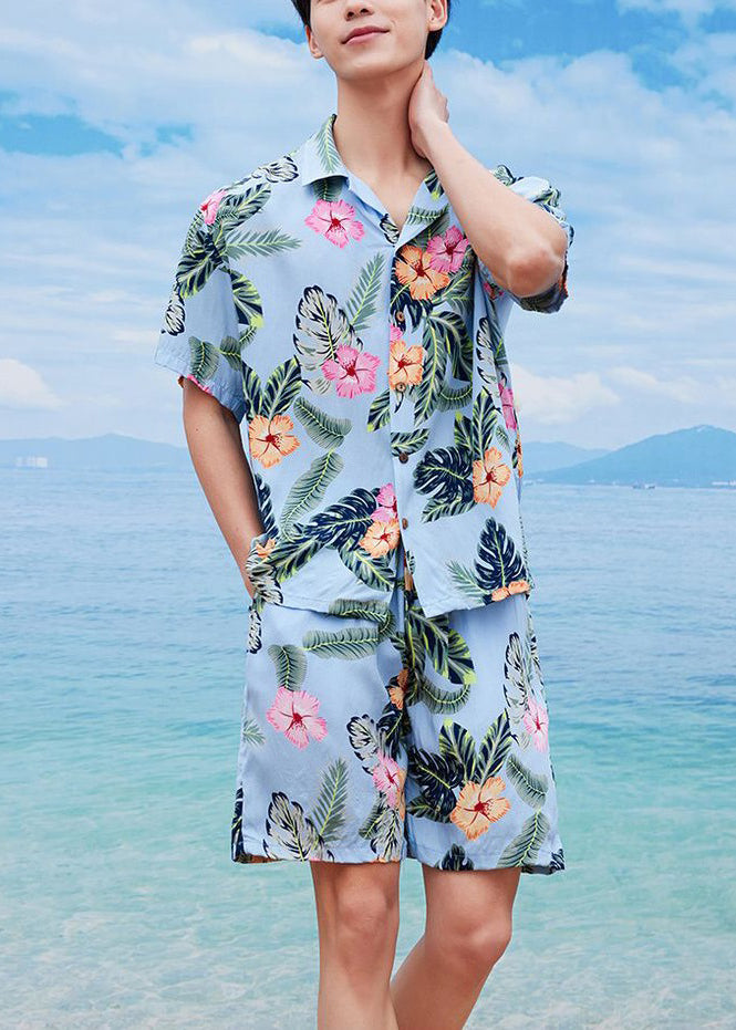 Beach Blue Peter Pan Collar Print Cotton Mens Two Piece Set Summer HG057