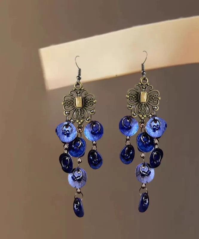 Silver Beach Tassel Sterling Shell Hollow Earrings Blue Drop Out