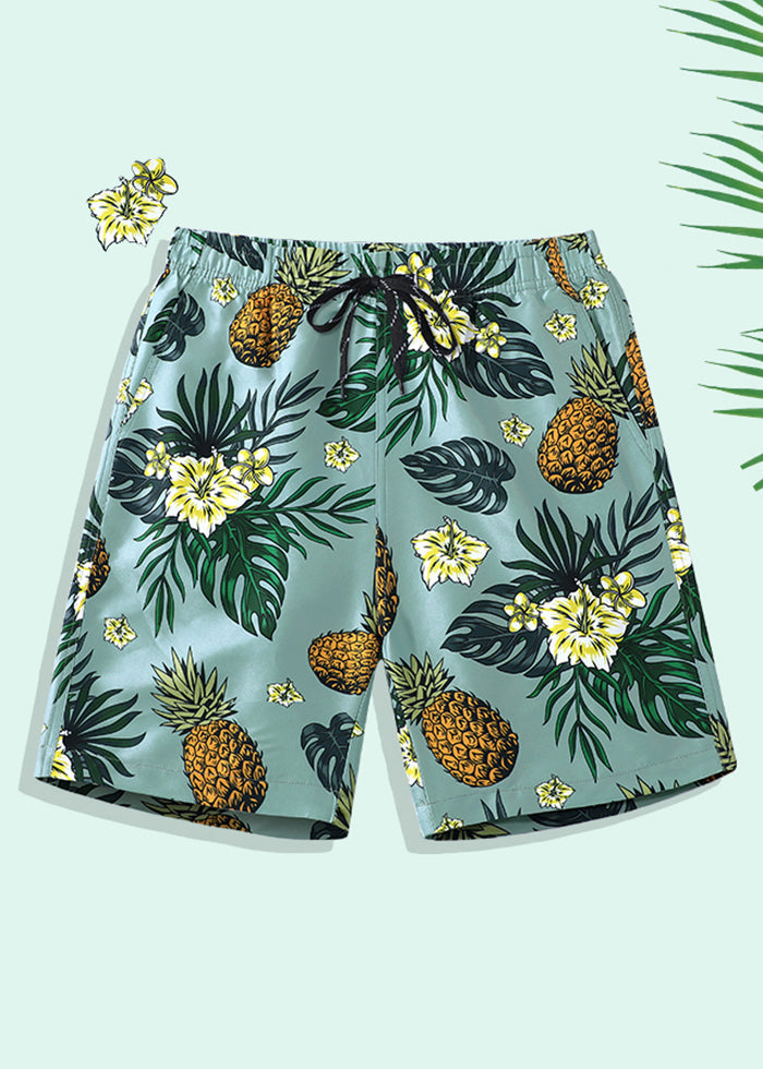 Men Cotton Elastic Pockets Beach Shorts Summer Print Waist