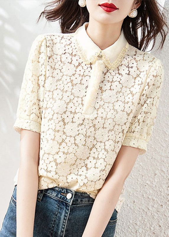 Beautiful Apricot Peter Pan Collar Lace T Shirt Summer WW023