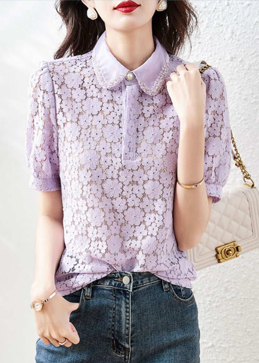 Beautiful Apricot Peter Pan Collar Lace T Shirt Summer WW023