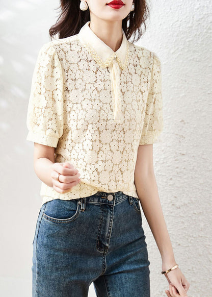 Beautiful Apricot Peter Pan Collar Lace T Shirt Summer WW023