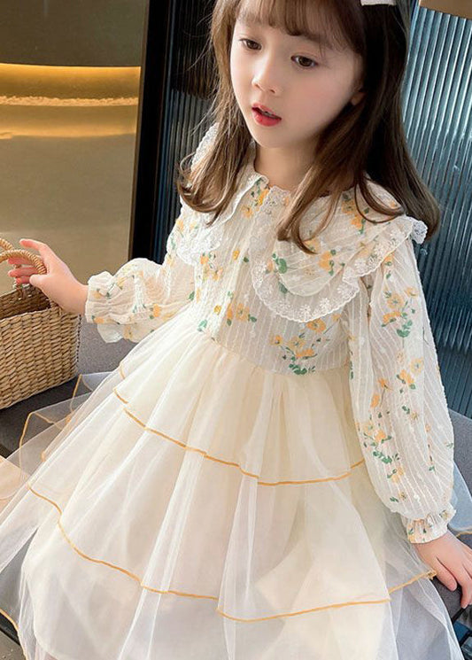 Belle robe longue en tulle patchwork à col Peter Pan abricot pour filles, manches longues SS1040