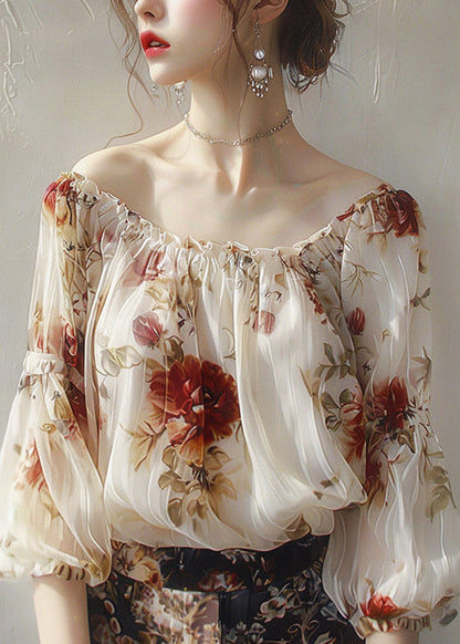 Beautiful Apricot Slash Neck Print Chiffon Top Half Sleeve UU1065