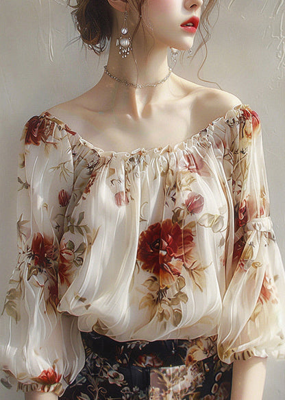 Beautiful Apricot Slash Neck Print Chiffon Top Half Sleeve UU1065