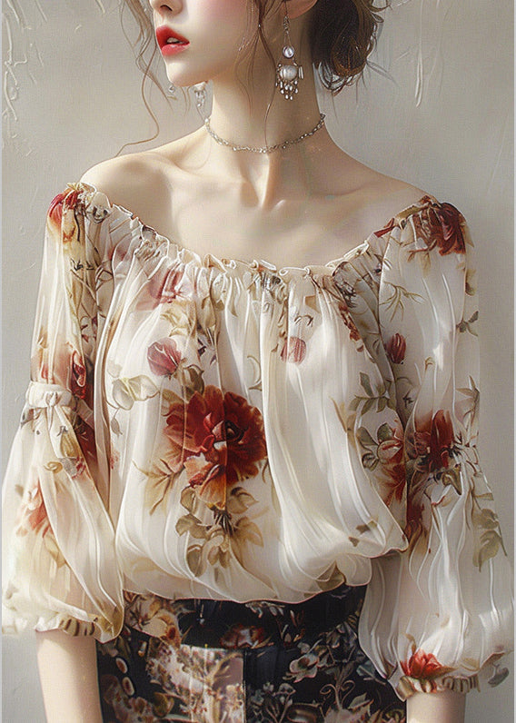 Beautiful Apricot Slash Neck Print Chiffon Top Half Sleeve UU1065