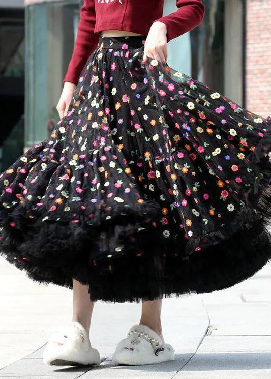 Beautiful Black Embroidered Floral Exra Large Hem Tulle Skirt Spring Ada Fashion