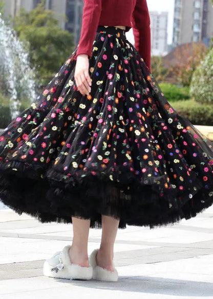 Beautiful Black Embroidered Floral Exra Large Hem Tulle Skirt Spring Ada Fashion