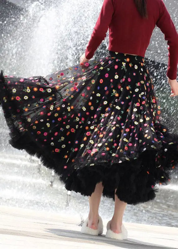 Beautiful Black Embroidered Floral Exra Large Hem Tulle Skirt Spring Ada Fashion