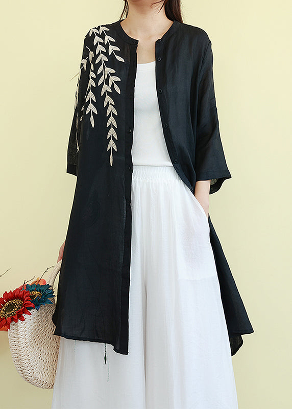 Belles robes chemises en lin brodées noires d'été TM003