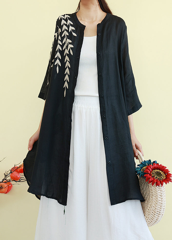Belles robes chemises en lin brodées noires d'été TM003