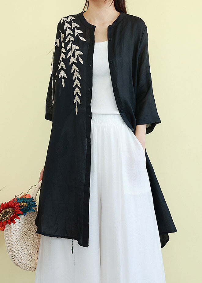 Belles robes chemises en lin brodées noires d'été TM003